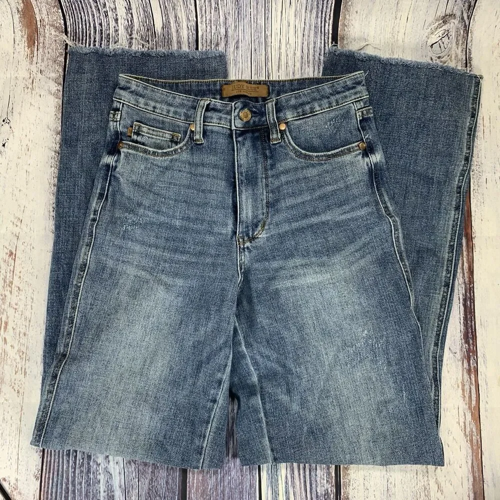 Judy Blue High Waist Tummy Control Raw Hem Straight Leg Jeans 88848 Size 5/27